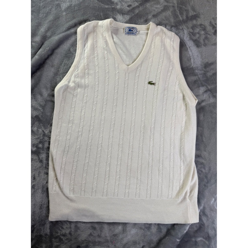 Izod Lacoste Golf Sweater 1980s Mens XL White V-Neck Sleeveless Embroidered